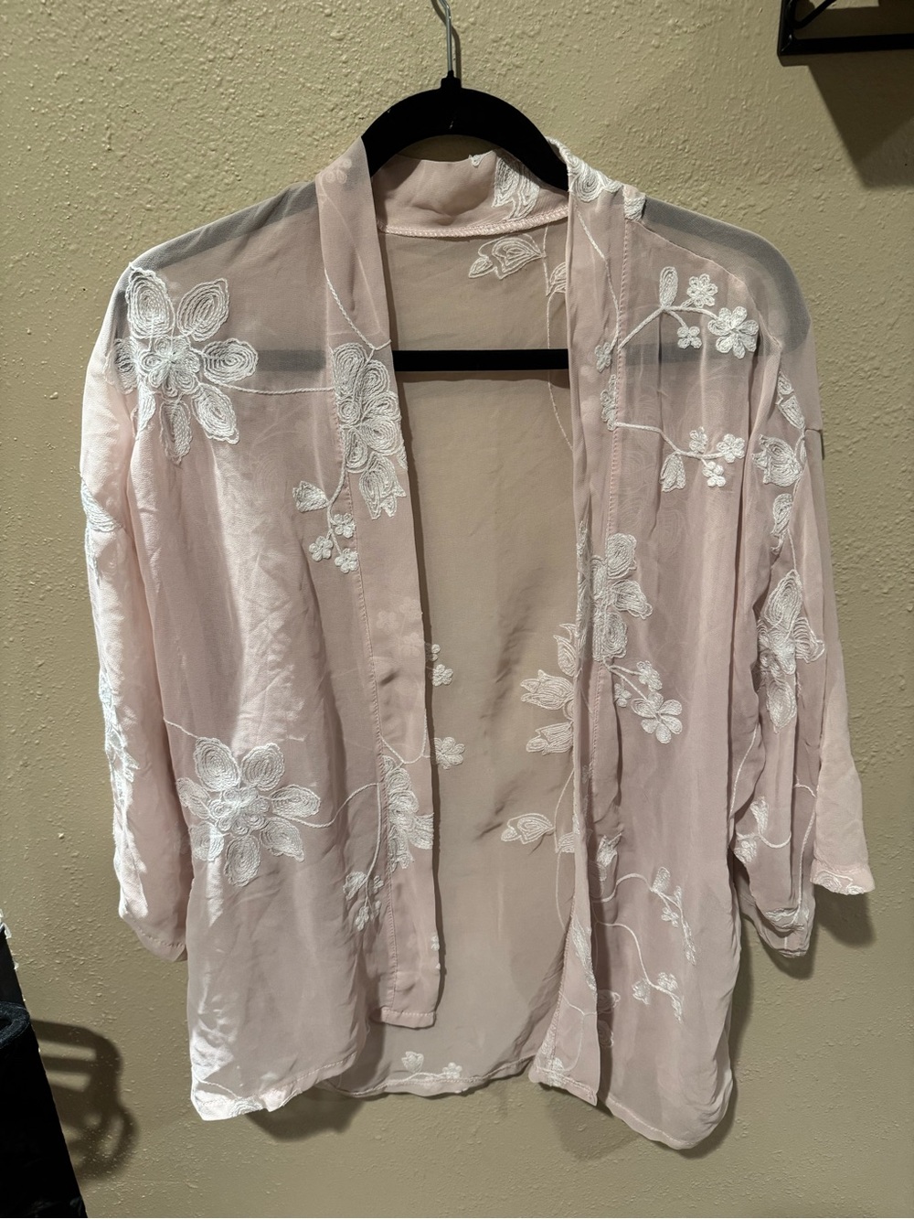 Sheer Embroidered Kimono Cardigan - Pale Pink